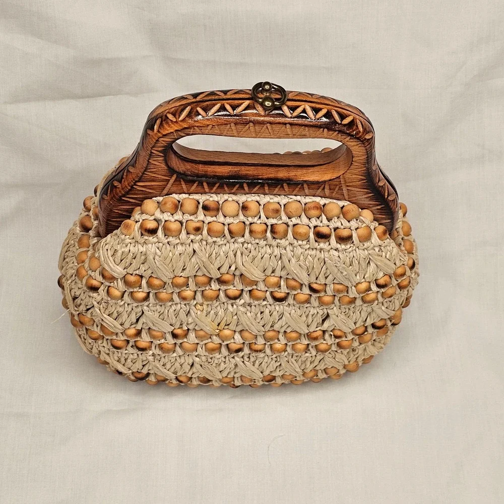 Vintage‎ Japan Raffia Straw Handbag Wood Beaded Top Handle Boho 60s 70s